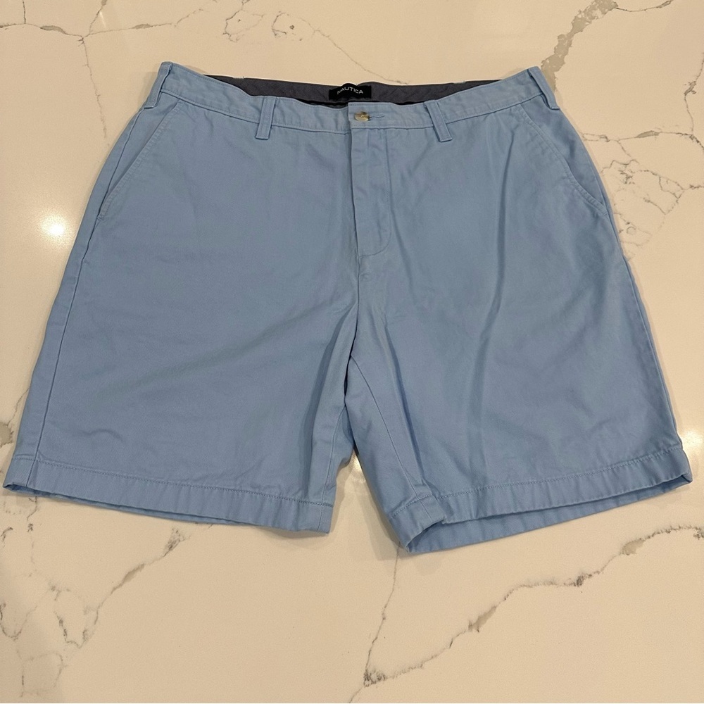 Nautica The Deck Shorts Blue Flat Front Chino Casual Classic Fit Cotton Size 36